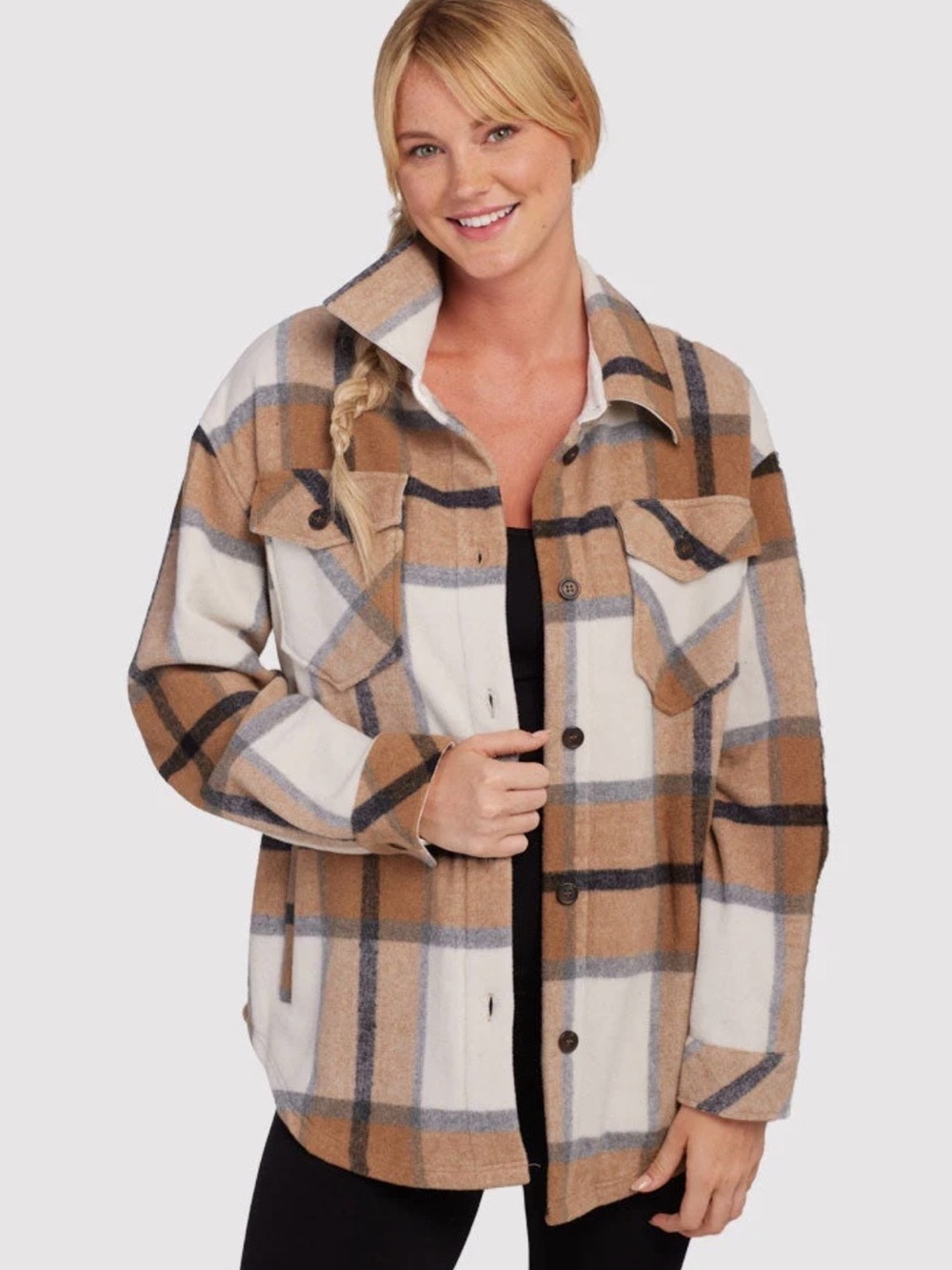 Woolx Sawyer Merino Wool Plaid Shacket XL Brown Beige Oversized Shirt Jacket - Picture 11 of 12
